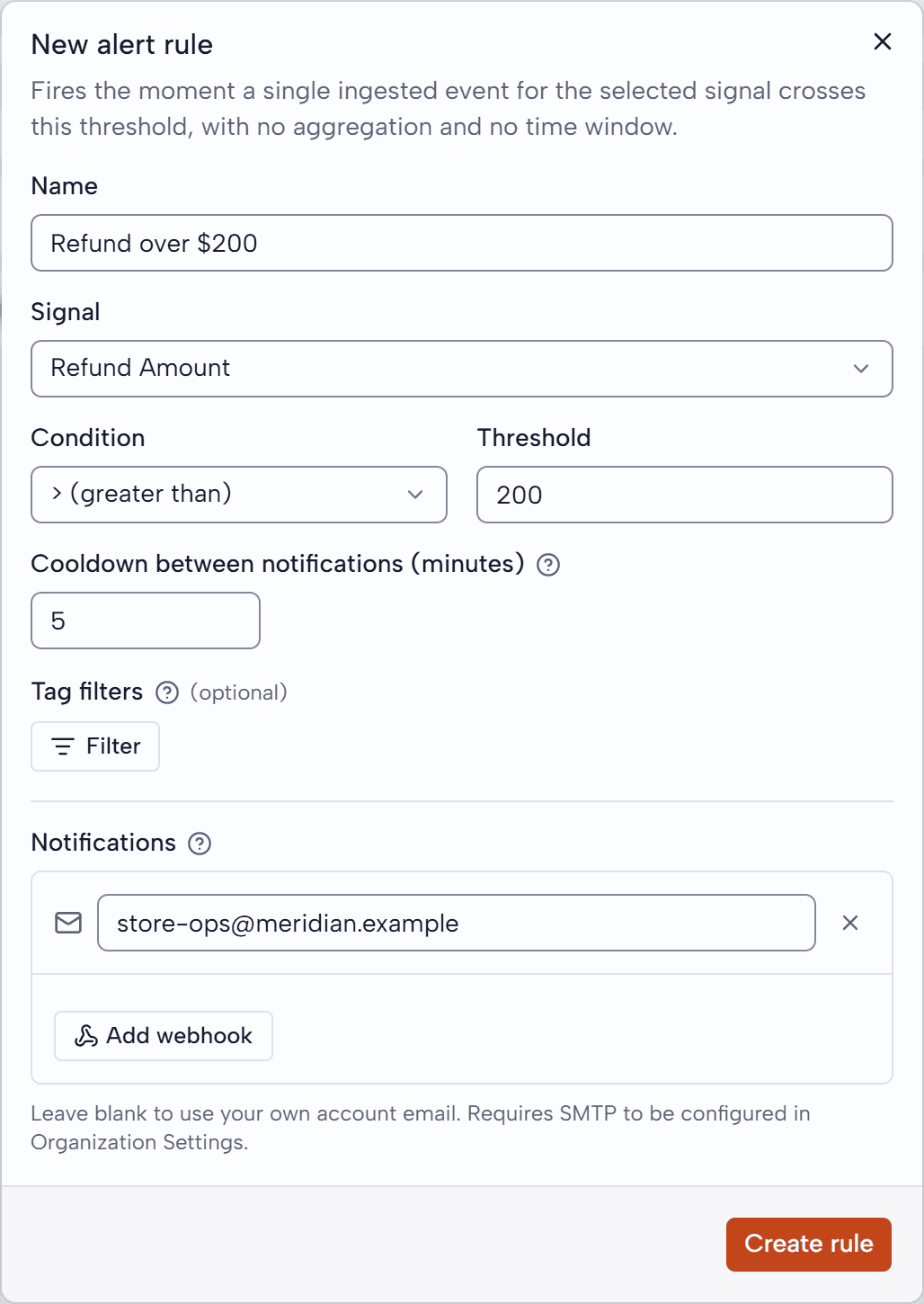 A new alert rule for the Refund Amount signal over $200, with an email notification to the store operations team.